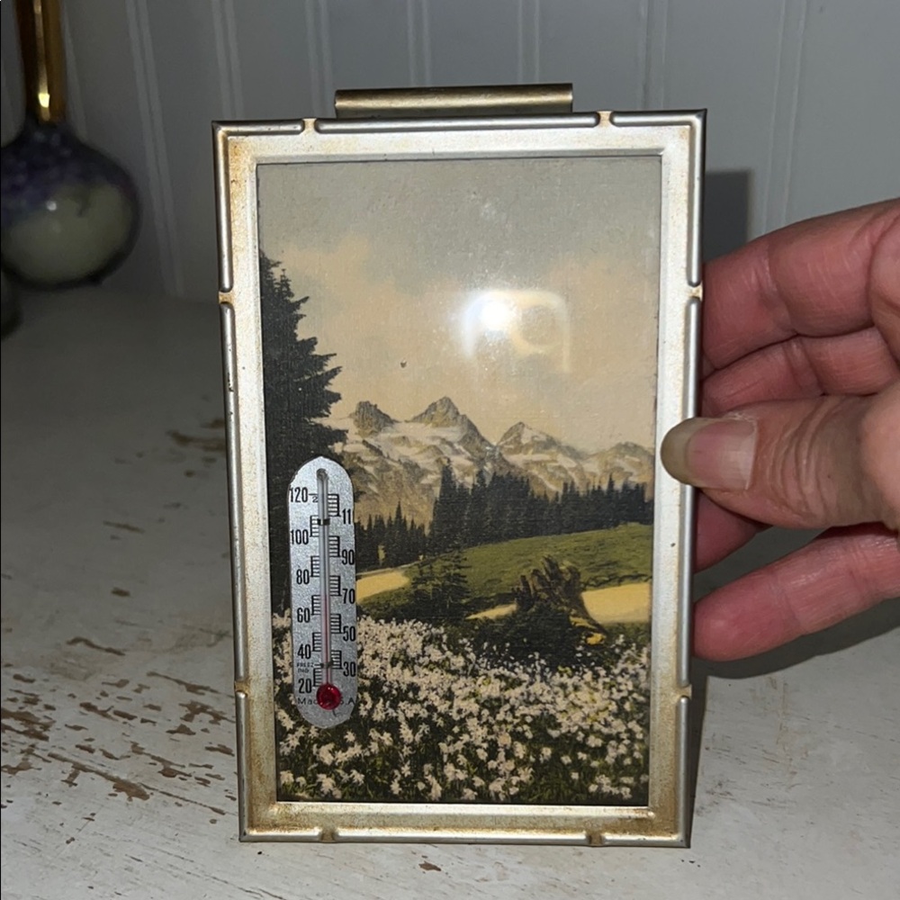 Vintage Framed Mountain Scene Thermometer 3.5” x 6”